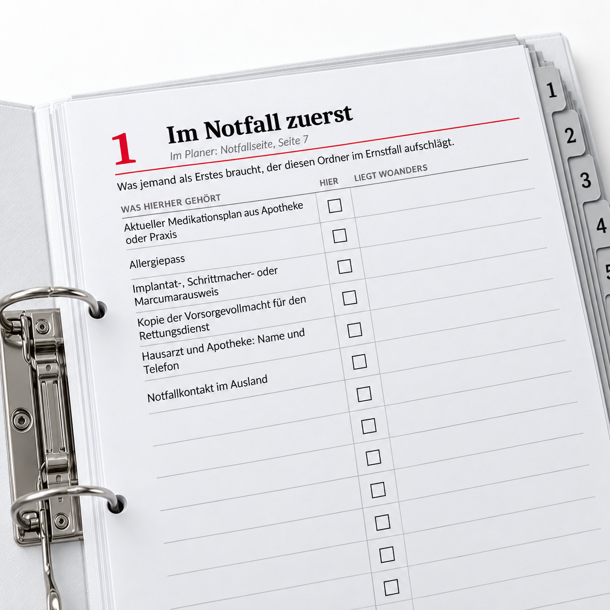 Nahaufnahme des Registerblatts 1 Im Notfall zuerst mit Checkliste zum Abhaken