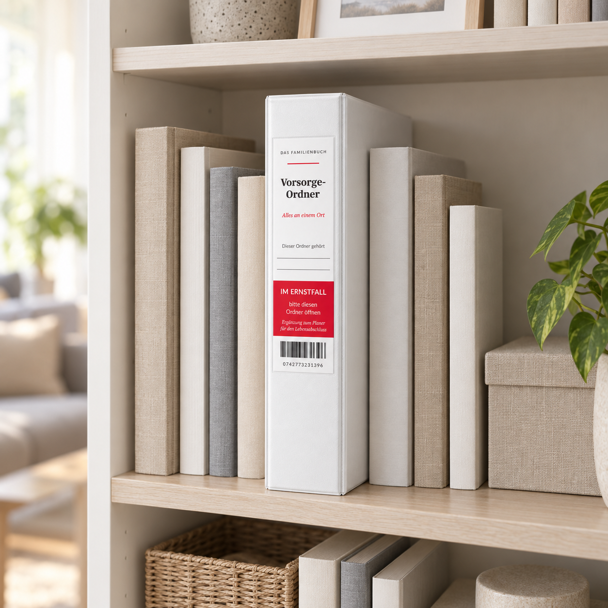 Vorsorge-Ordner steht griffbereit im Bücherregal