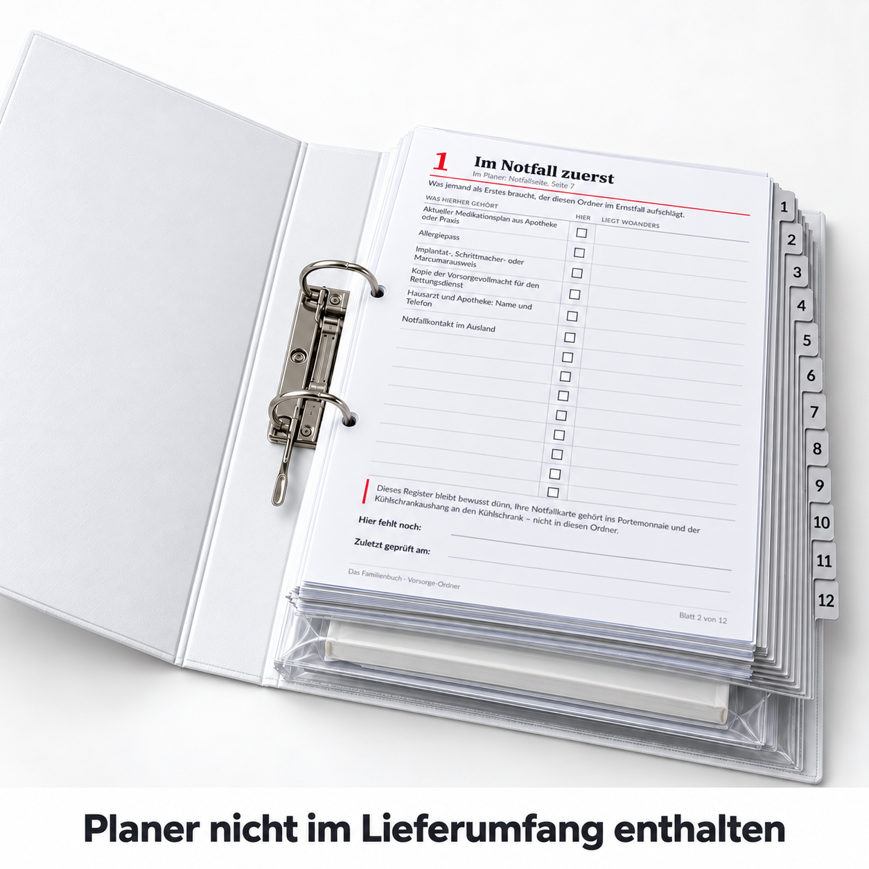 Blattsatz Im Notfall zuerst im geöffneten Ordner, Planer nicht im Lieferumfang enthalten