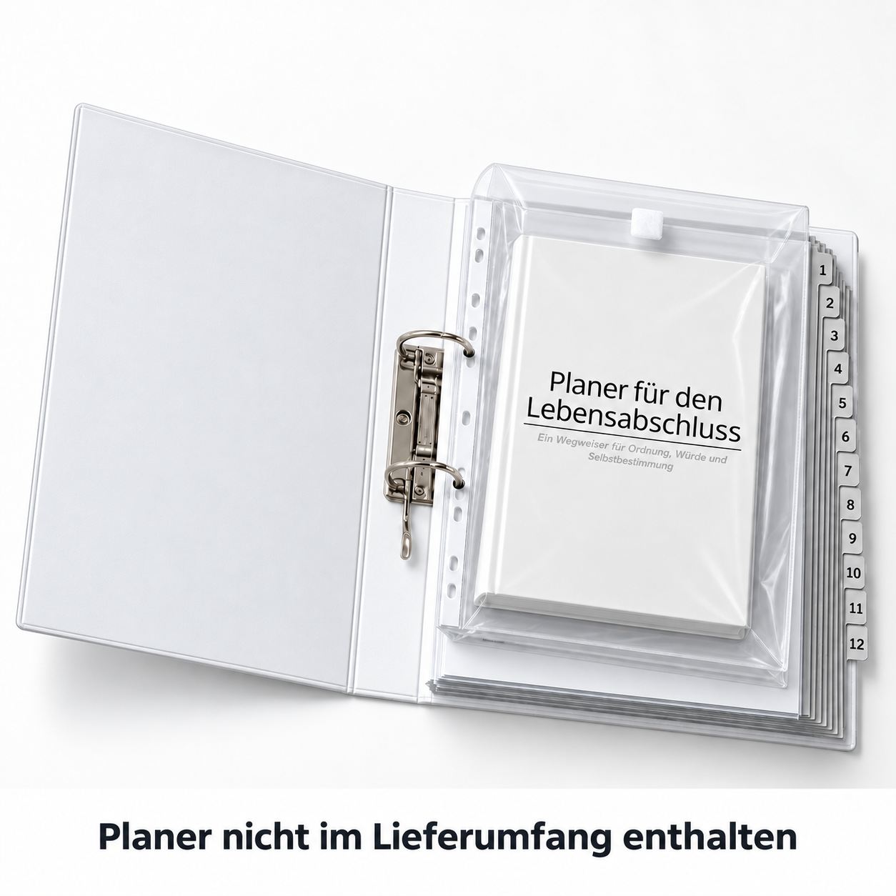 Planer für den Lebensabschluss in der Dokumententasche des Ordners, Planer nicht im Lieferumfang enthalten