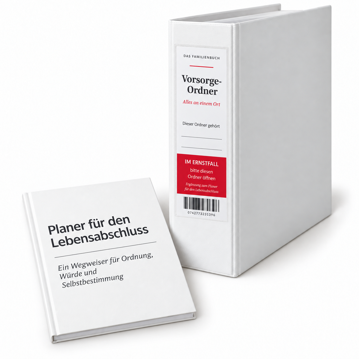 Set aus Planer für den Lebensabschluss und Vorsorge-Ordner mit beschriftetem Rückenschild