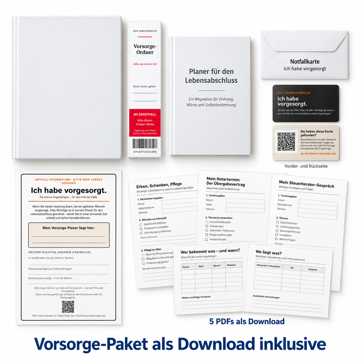 Vorsorge-Komplettpaket: Ordner, Planer, Notfallkarte mit Umschlag und Metallkarte sowie fünf PDF-Vorlagen als Download